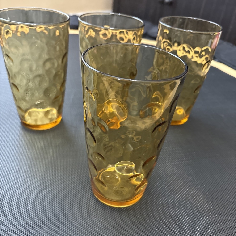 Vintage Amber Glass Tumblers 24 Oz Set of 4 MCM Retro Bubble Circle Pattern